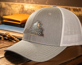 Virginia Map Leather Patch Trucker Hat. Burnished Full Grain Leather. Snapback Trucker Hat. Richardson 112 Cap. VA State Headwear.