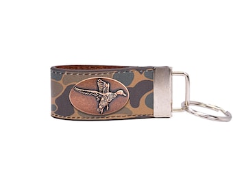 Mallard Hunting Old School Camo Leather Loop Keychain.