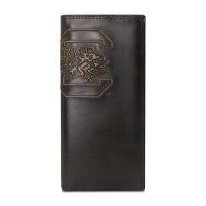Cartera de cuero para hombre de South Carolina Gamecocks con acabado de grano completo bruñido en marrón y logotipo grande grabado en relieve