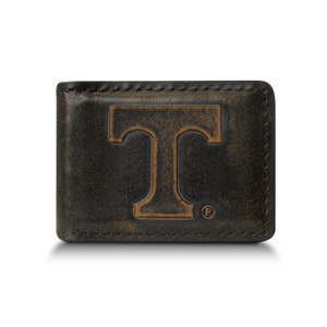 Tennessee Vols Men&#39;s Collegiate Money Clip. Brown Burnished Full Grain Finish With Debossed Logo