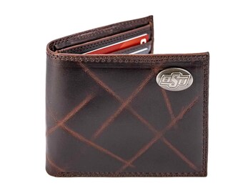 NCAA Oklahoma Sooners Leather Roper Wallet - Brown Wrinkle Leather With Concho Design