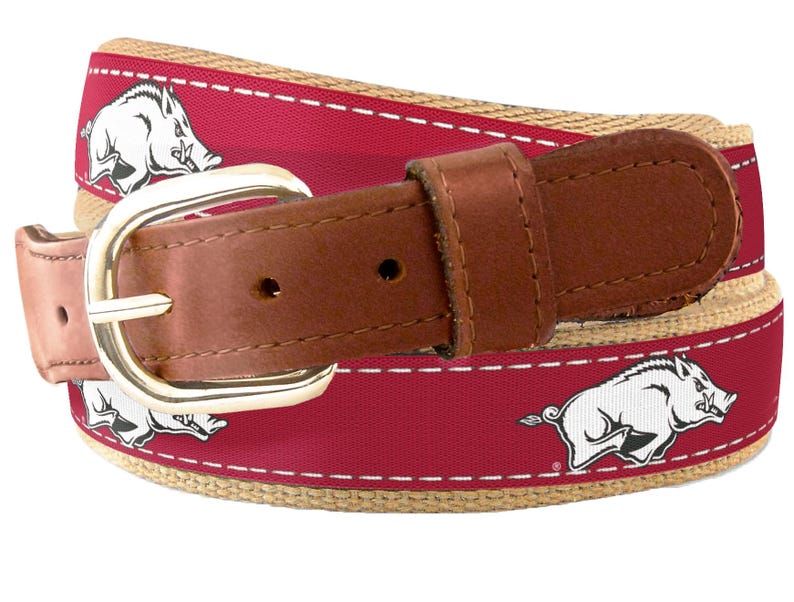 Razorback Ribbon Arkansas Razorbacks Men's Collegiate Woven Ribbon Belt. Tan Full Grain ...