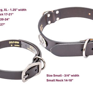 May include: Two black leather dog collars with silver-colored buckles and rivets. The collars have a width of 1.25 inches for sizes Medium, Large, and XL, and 0.75 inches for Small. Neck sizes range from 14 to 27 inches.