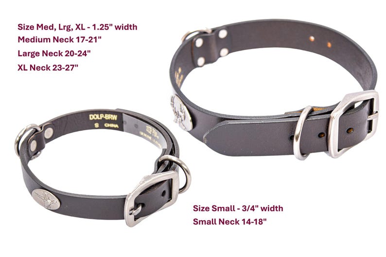 May include: Two black leather dog collars with silver-colored buckles and rivets. The collars have a width of 1.25 inches for sizes Medium, Large, and XL, and 0.75 inches for Small. Neck sizes range from 14 to 27 inches.