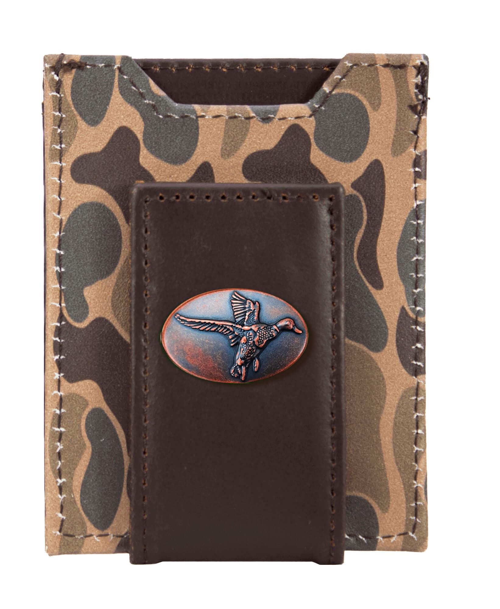 Mallard Men's Magnetic Front Pocket Old School Camo Leather Wallet. Full Grain Leather With Antique Copper Logo
