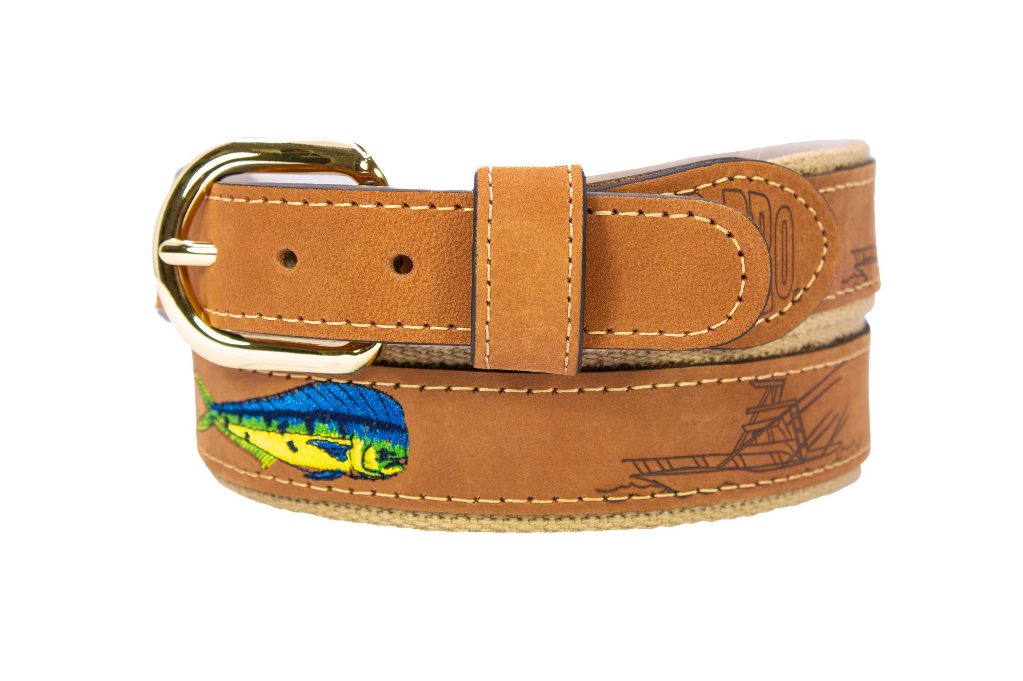 Dolphin Mahi-mahi Embroidered Nubuck Leather Belt. Tan Full  display picture 1