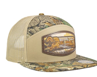 Hunting Dog Shotshell Woven Patch Old School Camo Hat. 7-Panel Richardson 168 Trucker Snapback Cap