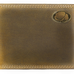 Cartera plegable de piel para hombre de Cotton Boll. Cuero de plena flor color canela vintage con logotipo de latón antiguo