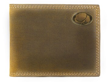 Cotton Boll Men's Bifold Leather Wallet. Vintage Tan Full Grain Leather With Antique Brass Logo