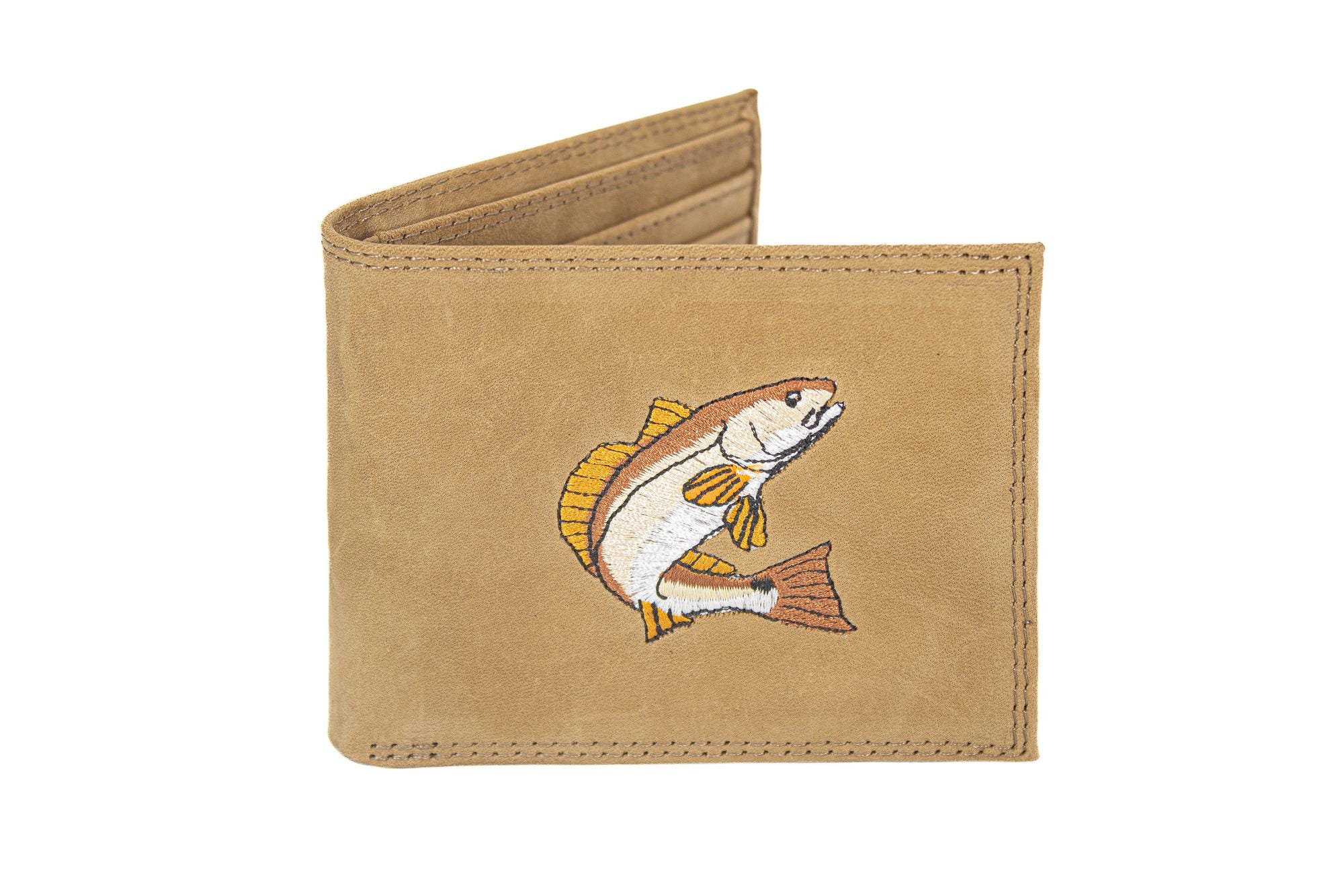 Redfish Men's Embroidered Leather Wallet. Bifold Passcase. Trifold