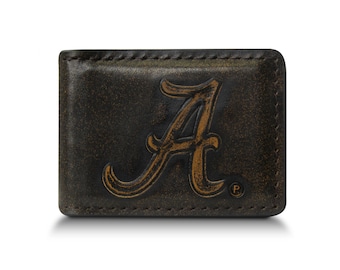 Alabama Crimson Tide Men's Collegiate Money Clip. Brown Burnished Full Grain Finish With Debossed Logo