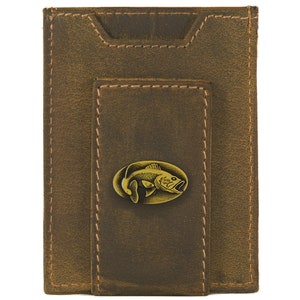 Cartera de cuero con bolsillo frontal magnético para hombre de Bass. Cuero de grano completo vintage color canela con logotipo de latón antiguo