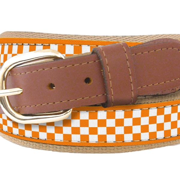 Tennessee Vols Checkerboard Men's Collegiate Woven Ribbon Belt. Tan Full Grain Leather Tabs, Solid Brass Buckle and Cotton Webbing.