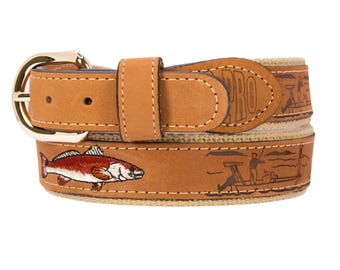 Redfish Embroidered Nubuck Leather Tan Full Grain Leather