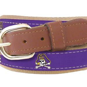ECU Pirates Men's Collegiate Woven Ribbon Belt. Tan Full Grain Leather Tabs, Solid Brass Buckle and Cotton Webbing.
