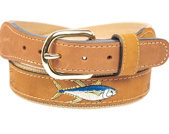 Yellow Tuna Embroidered Nubuck Leather Belt. Tan Full Grain Leather Tabs, Solid Brass Buckle and Cotton Webbing.