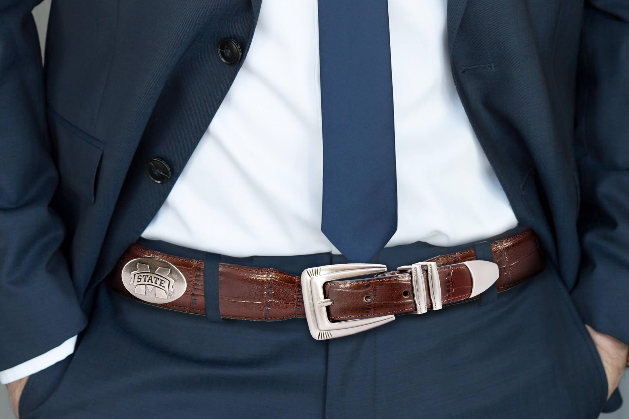 MISSISSIPPI STATE BULLDOGS MEN'S COLLEGIATE BROWN LEATHER CONCHO BELT. main image 1