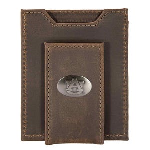 Auburn Tigers Men&#39;s Collegiate Magnetic Front Pocket Leather Wallet. Tigers Wallet. War Eagle Slim Wallet. Silver Concho Emblem