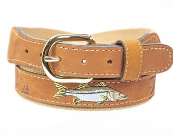 Snook Embroidered Nubuck Leather Belt. Tan Full Grain Leather Tabs, Solid Brass Buckle and Cotton Webbing.