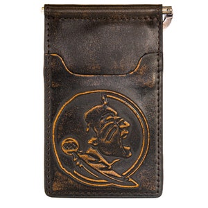 Cartera de cuero con clip de bolsillo frontal para hombre de Florida State Seminoles. Acabado de plena flor marrón bruñido con logotipo grabado