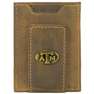 Texas A&M Aggies Cartera de cuero con bolsillo frontal magnético para hombre. Cuero de plena flor color canela vintage con logotipo de latón antiguo