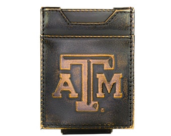 Texas A&M Aggies Men's Collegiate Magnetic Front Pocket Leather Wallet. Brown Burnished Full Grain Finish With Large Debossed Logo