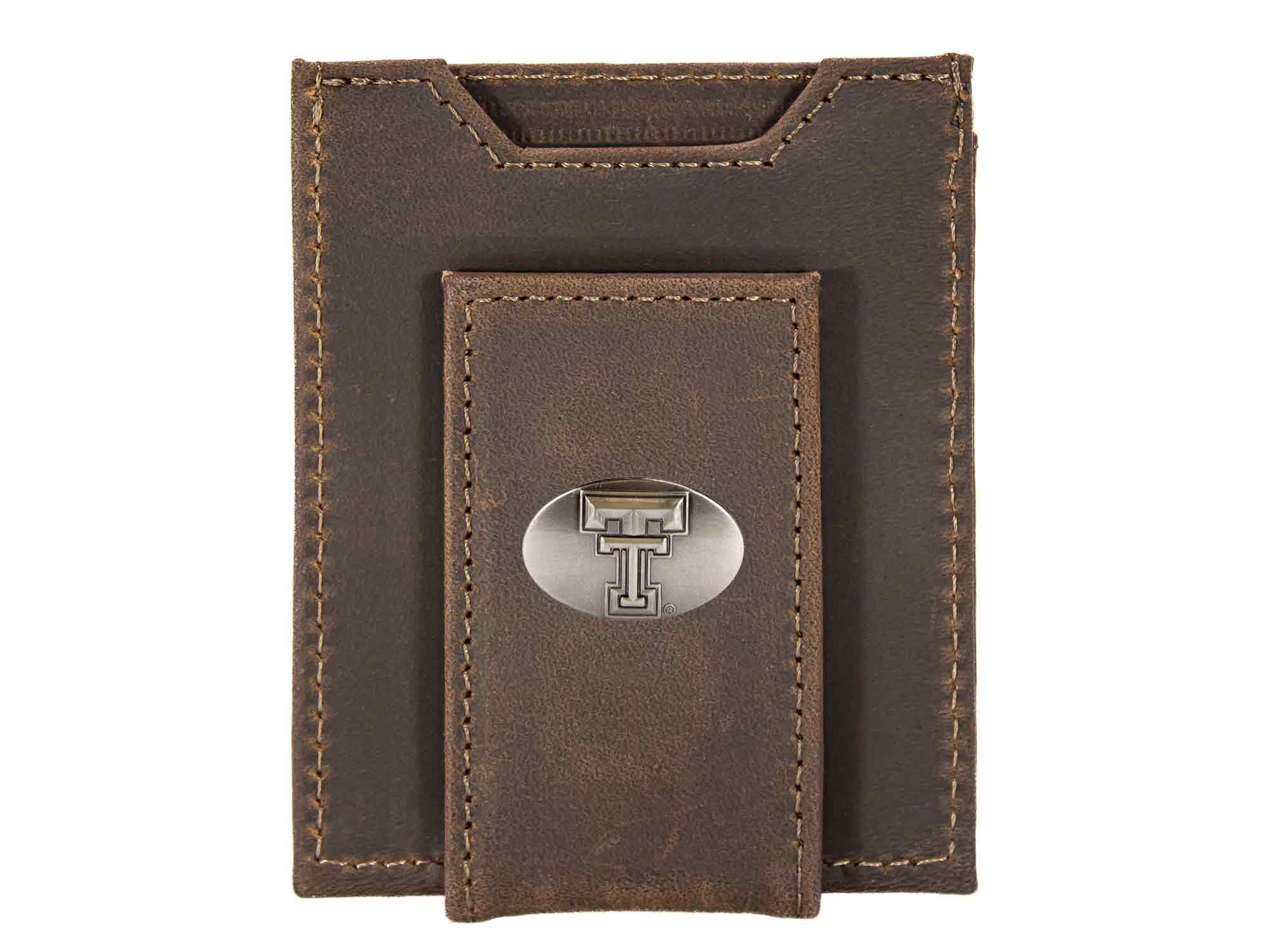 Texas Tech Red Raiders Men's Collegiate Magnetic Front Pocket Leather Wallet. Red Raiders Wallet. TTU Slim Wallet. Silver Concho Emblem