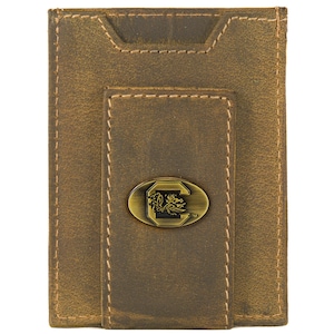 USC Gamecocks Cartera de cuero con bolsillo frontal magnético para hombre. Cuero de plena flor color canela vintage con logotipo de latón antiguo