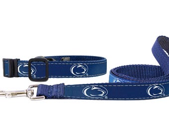 Penn State Nittany Lions Collegiate Woven Ribbon Dog Collar. Pet Lead. Adjustable Nylon Webbing. Snap Buckle and D-ring. Swivel Bolt Snap.