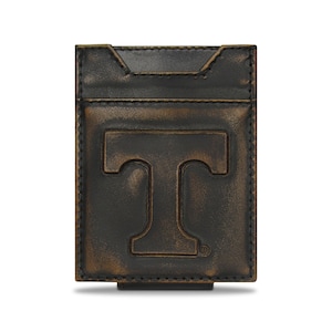 Cartera de cuero con bolsillo frontal magnético para hombre de Tennessee Vols. Acabado marrón bruñido de grano completo con logotipo grande grabado en relieve