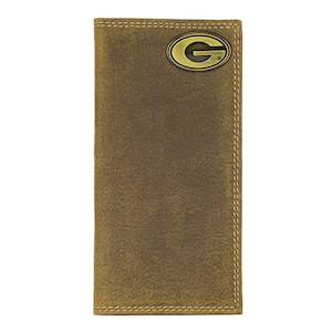 Cartera de cuero Collegiate Secretary para hombre de los Georgia Bulldogs. Cuero de plena flor color canela vintage con logotipo de latón antiguo