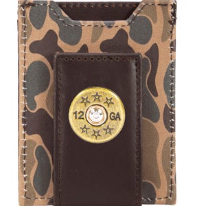 Cartera de cuero con diseño de camuflaje de la vieja escuela con bolsillo frontal magnético para hombre de Shotshell. Cuero de grano completo con logotipo de cobre antiguo