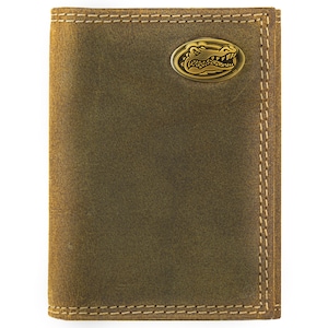Cartera de cuero triple plegable para hombre Florida Gators. Cuero de plena flor color canela vintage con logotipo de latón antiguo
