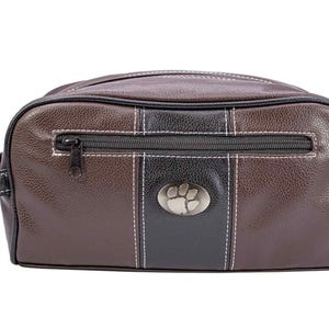 Clemson Tigers Men&#39;s Toiletry Dopp Bag. Brown Pebble PU Finish. Clemson Silver Logo. Durable Water Resistant. Compact and Spacious Design.