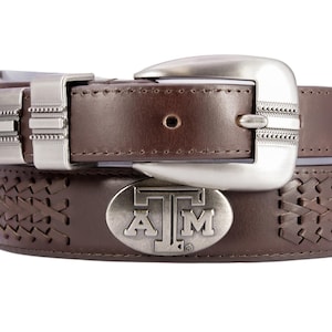 Texas A&M Aggies Men's Collegiate Leather Belt. Texas Aggies Gift. Texas Belt. Brown Braided Full Grain Finish With Metal Emblem Conchos.