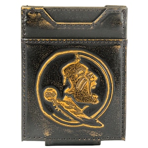 Cartera de cuero con bolsillo frontal magnético para hombre de los Florida State Seminoles. Acabado marrón bruñido de grano completo con logotipo grande grabado en relieve