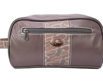 Turkey Men&#39;s Toiletry Dopp Bag. Old School Camo With Brown Pebble PU Finish. Antique Copper Logo.