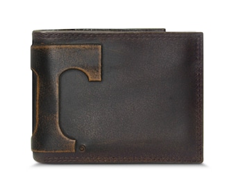 Tennessee Vols Men's Collegiate Bifold Leather Wallet. Brown Burnished Full Grain Finish With Large Debossed Logo