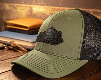 Kentucky Map Leather Patch Trucker Hat. Burnished Full Grain Leather. Snapback Trucker Hat. Richardson 112 Cap. Kentucky State Headwear.