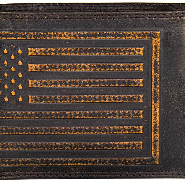 USA Flag Men's Bifold Leather Wallet. Brown Burnished Full Grain Finish With Large Debossed Logo