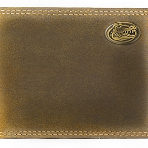 Cartera plegable de cuero plegable para hombre Florida Gators. Cuero de plena flor color canela vintage con logotipo de latón antiguo