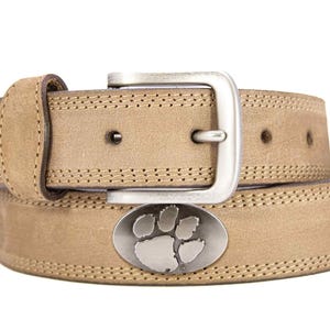 Clemson Tigers Men&#39;s Collegiate Leather Belt. Clemson Merch. Crazy-horse With Metal Emblem Conchos. Tigers Outdoor Rugged Belt.