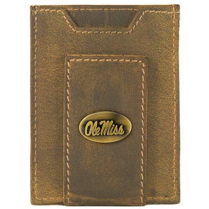 Cartera de cuero con bolsillo frontal magnético para hombre de Ole Miss Rebels. Cuero de grano completo color canela vintage con logotipo de latón antiguo