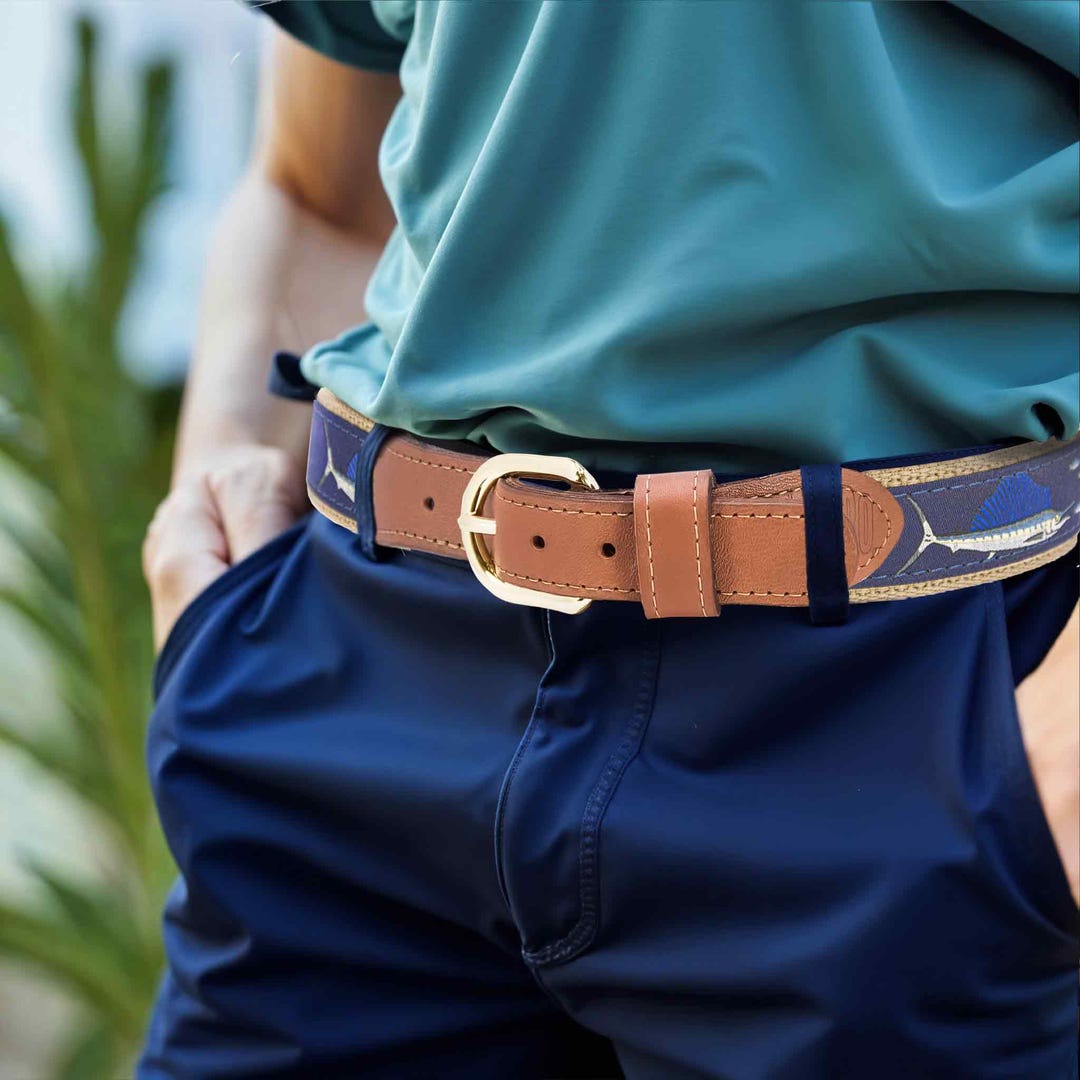 Sailfish Men's Woven Ribbon Belt, Navy Fishing Belt, Boating Gift