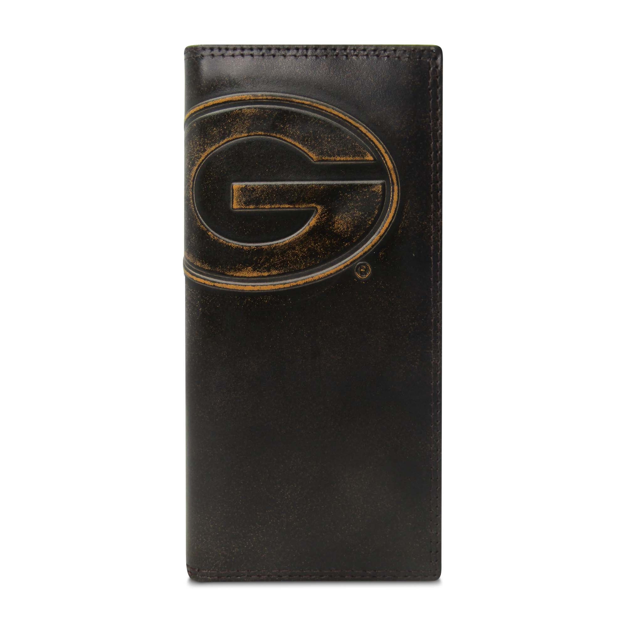 Georgia Bulldogs Men's Collegiate Secretary Leather Wallet. Brown Burnished Full Grain Finish With Large Debossed Logo