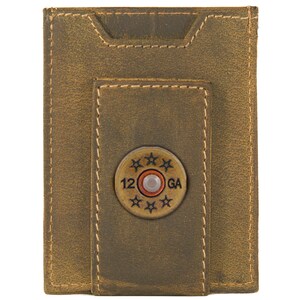 Cartera de cuero con bolsillo frontal magnético para hombre de Shotshell. Cuero de grano completo color canela vintage con logotipo de latón antiguo