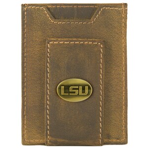 Cartera de cuero con bolsillo frontal magnético colegial de LSU Tigers para hombre. Cuero de plena flor color canela vintage con logotipo de latón antiguo