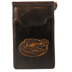 Florida Gators Men's Collegiate Front Pocket Clip Leather Wallet. Brown Burnished Full Grain Finish With Debossed Logo