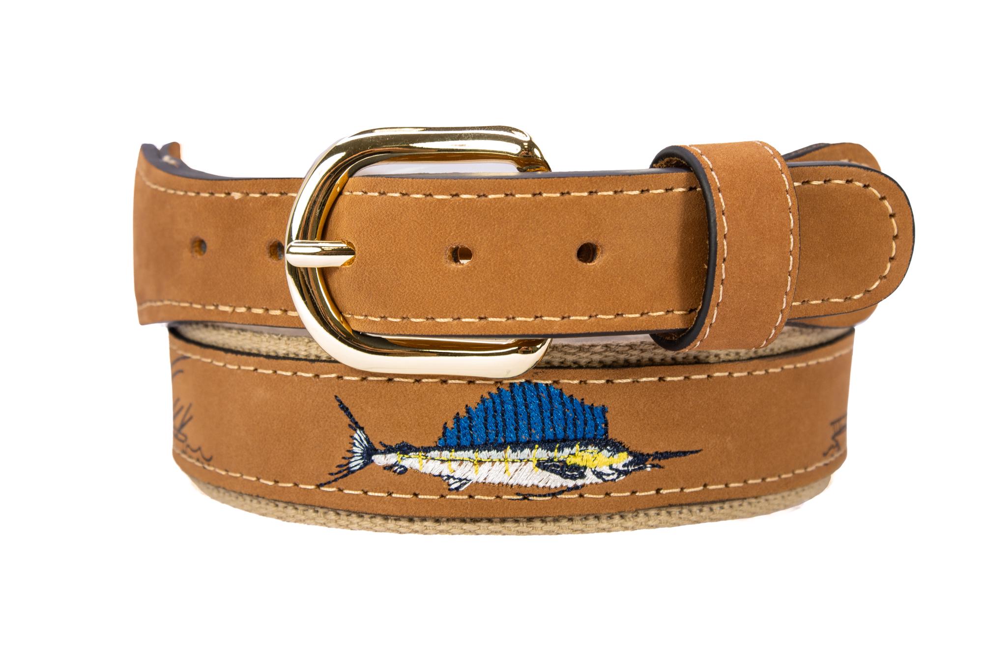 Zep Pro Leather Canvas Belt Embroidery Marlin Fish Brown Men\'s‎ 42 Fisherman USA Dolphin Mahi-mahi Embroidered Nubuck Leather Belt. Tan Full  main image 4