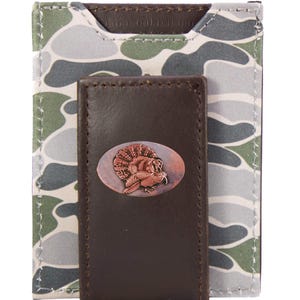 Cartera de cuero con diseño de camuflaje de la vieja escuela con bolsillo frontal magnético para hombre de Turkey. Cuero de grano completo con logotipo de cobre antiguo